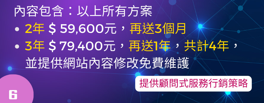 內容包含：以上所有方案 2年 $ 59,600元，再送3個月、3年 $ 79,400元，再送1年，共計4年，並提供網站內容修改免費維護